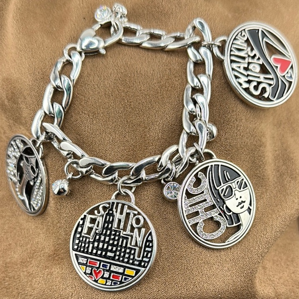 Brighton Fashionista Chic Silver Charm Bracelet with Graphic Pendants